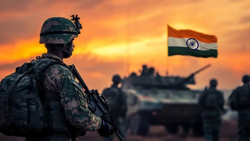 Indian soldier and tank at sunset with national flag raised.