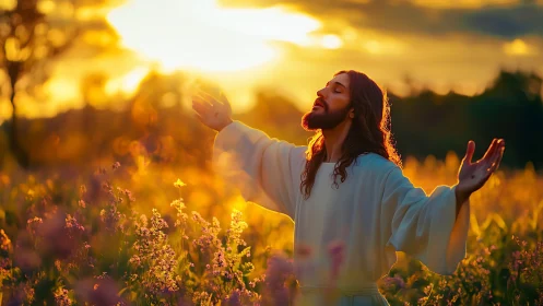 Photorealistic sacred figure in golden hour wildflower field panorama.