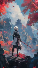 Lone swordsman overlooking misty pagoda valley at dawn.