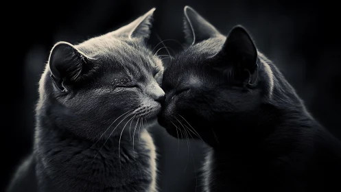 Two Felines in Intimate Profile. Monochromatic Portrait Study.
