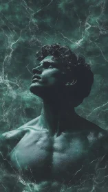 Iridescent marble figure emerging from turbulent teal void.