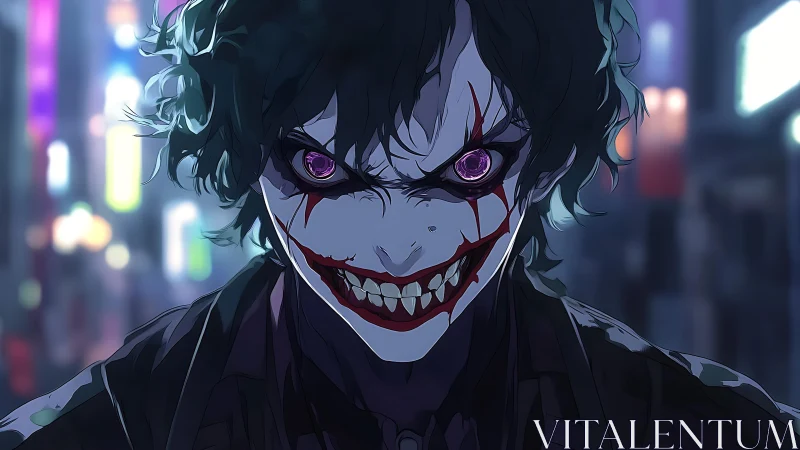 Anime-style figure with distorted grin in urban night scene.