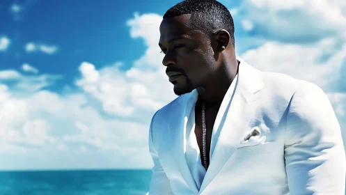 Man in white suit standing by ocean under bright sky.