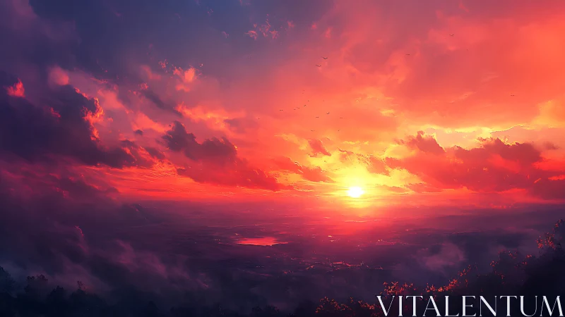 Digital sunset horizon with vivid crimson storm clouds.