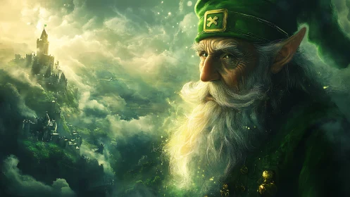 Elderly elven custodian surveying luminous airborne citadel.