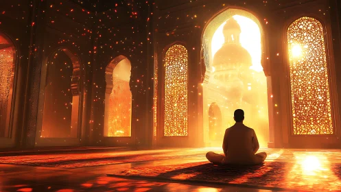 Solitary seated figure in illuminated arched interior space.