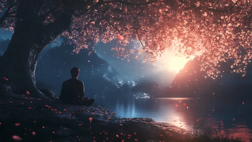 Digital painting of meditative figure under luminous blossom canopy.