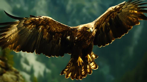 Majestic Golden Eagle in Flight Over Mountain Landscape, Realistic Photo.