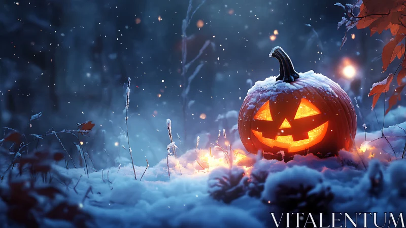 Jack-o-lantern glows through first snow in twilight forest