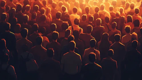 Warm crowd gathered in soft golden evening light.