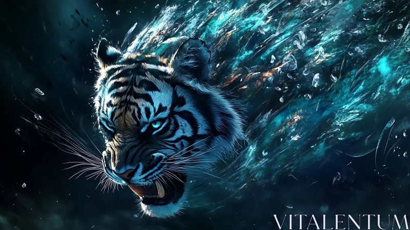 Roaring spirit of a glowing blue tiger bursts through water