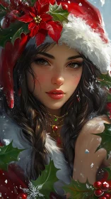 Christmas portrait of young woman in red Santa hood.