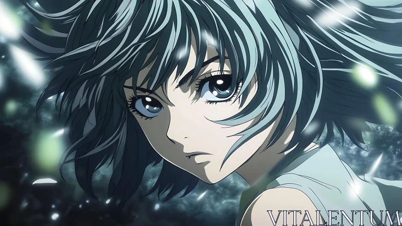 Aerodynamic anime portrait with dynamic particle streaks.