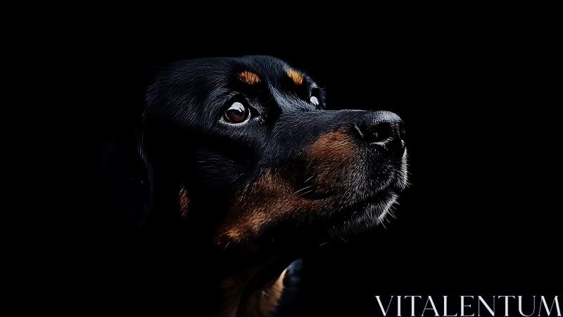 Rottweiler portrait glows softly against deep black background.