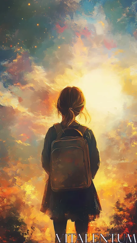 Girl with backpack facing glowing sky and clouds.