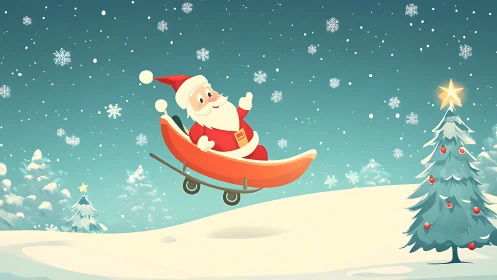 Santa soaring joyfully in sleigh above snowy hills.