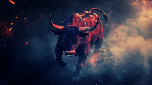 Red-lit bull advances through dense smoke in dark setting