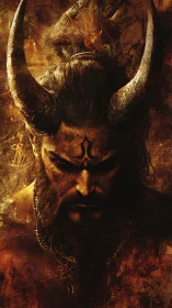 Horned demon warlord portrait in fiery textured darkness.