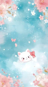 Cute white kitty with pink bow in pastel floral sky.
