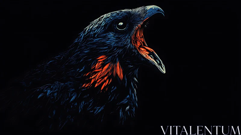 Vibrant digital illustration of a raven with open beak on black background.
