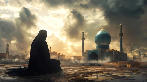 Soft evening prayer unfolds beside a glowing blue mosque