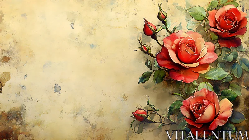 Soft vintage roses blooming against a dreamy faded wall.