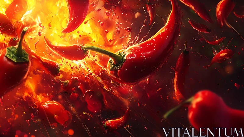 Incandescent Chili Peppers Immersed in Luminous Liquid Dynamics.