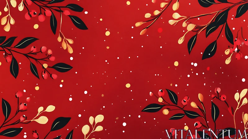 Stylized red botanical pattern with gold berries and high contrast leaves