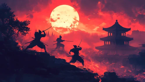 Samurai silhouettes share a fiery duel beneath a vast red moon