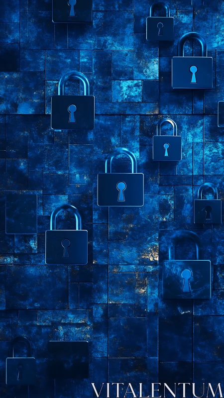 Floating blue padlocks form abstract cybersecurity interface