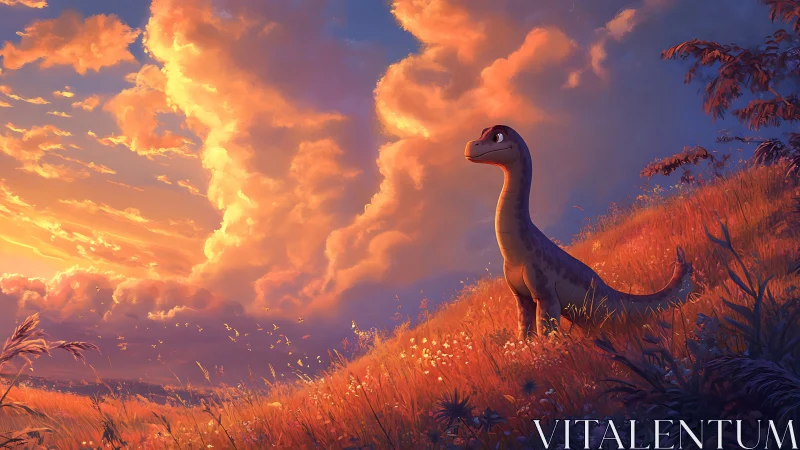 Cartoon dinosaur stands on sunlit hillside under vivid clouds