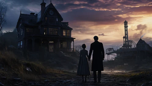 Couple Holding Hands at Twilight by a Mysterious Old Home.