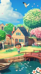 Stylized island cottage with villager near bridge and harbor.