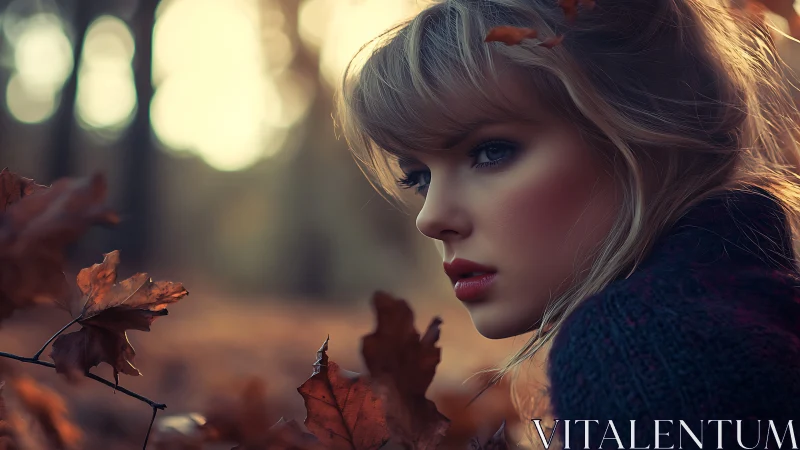 Woman in autumn forest with soft golden background light.