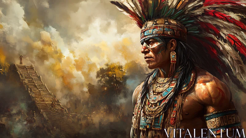 Digital painting of Aztec warrior portrait with temple backdrop.
