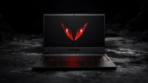 Gaming laptop with red backlit keyboard on dark surface.