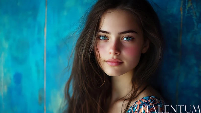 Photorealistic portrait against saturated teal backdrop.