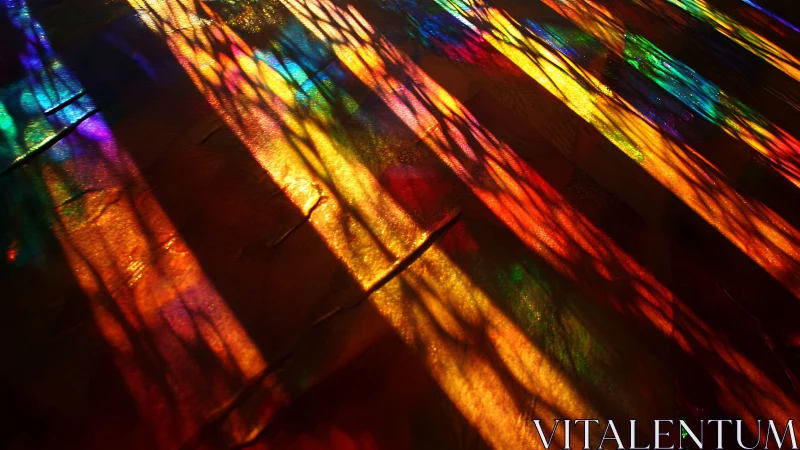 Stained-glass sunrays dancing across a painted floor mosaic.