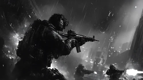 Tactical soldiers advance under fire in rain-soaked city.