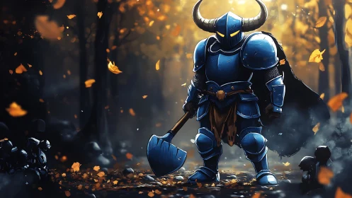 Horned blue knight poised in glowing autumn forest scene.