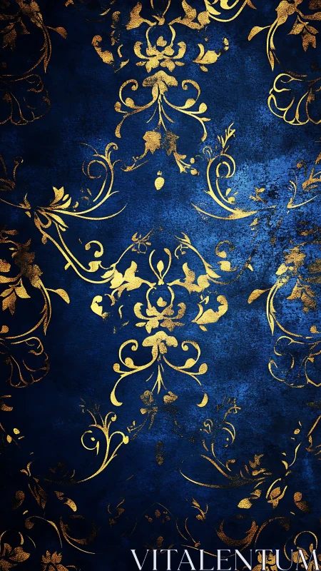 Golden floral scrolls on deep blue textured background.