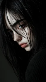 Stormlit gaze of a midnight muse in ink-dark silence.