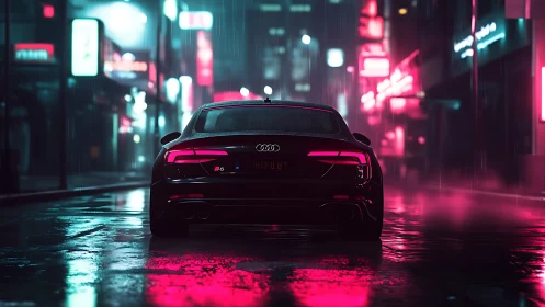 Sport sedan glows under neon rain on empty night street