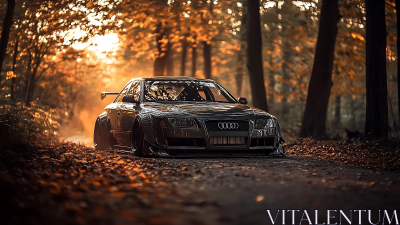 Modified black Audi rests in golden autumn forest light.