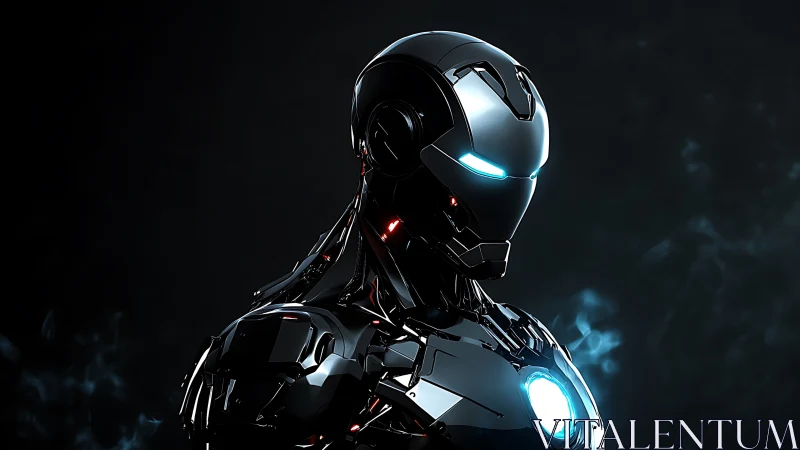 Armored futuristic robot stands in moody neon-lit darkness