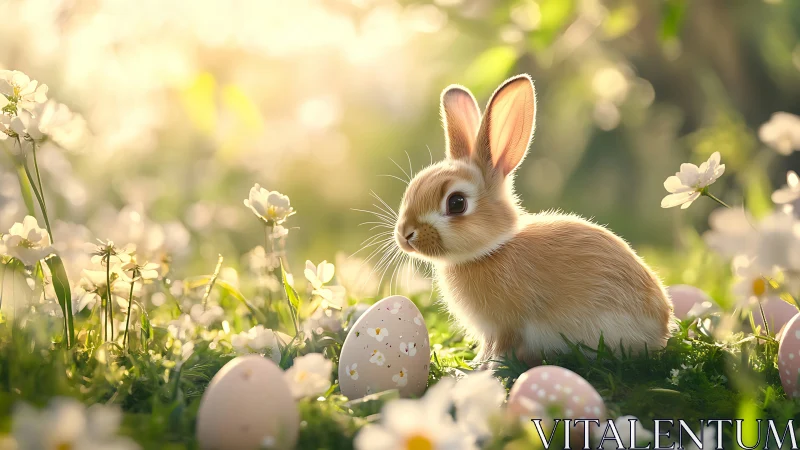 Backlit Easter bunny sits among decorated eggs in meadow