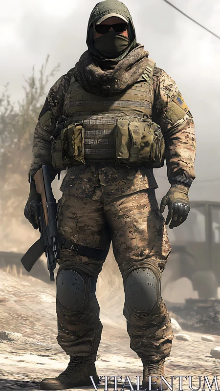 Heavily armed soldier stands in desert combat environment