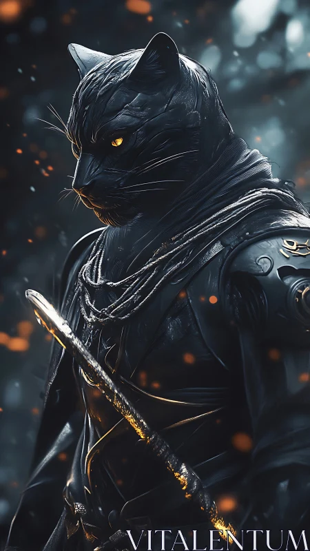 Midnight panther swordsman stalks through emberlit shadows.