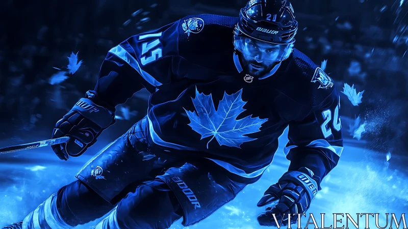 Ice hockey player skates forward under blue arena lighting