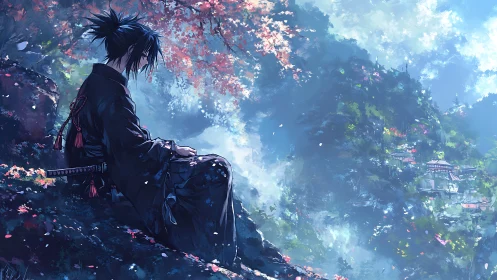 Solitary samurai rests above a misty, sunlit valley